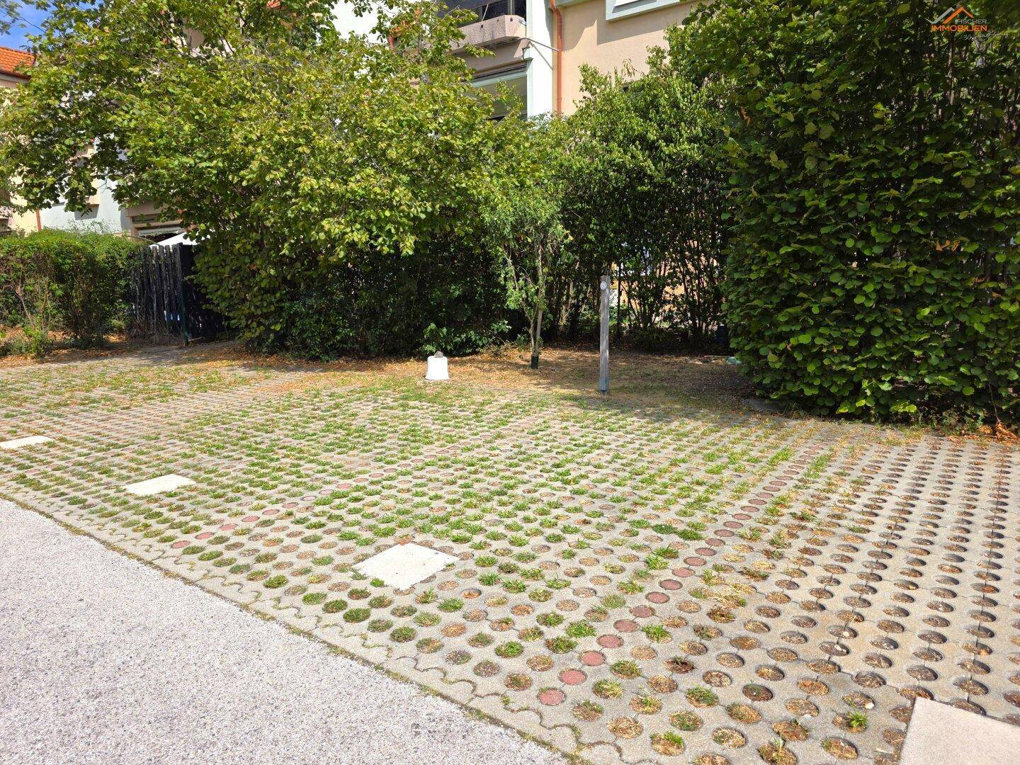 Außenparkplatz mit Rasengittersteinen und umgebender Bepflanzung für Fahrzeuge.