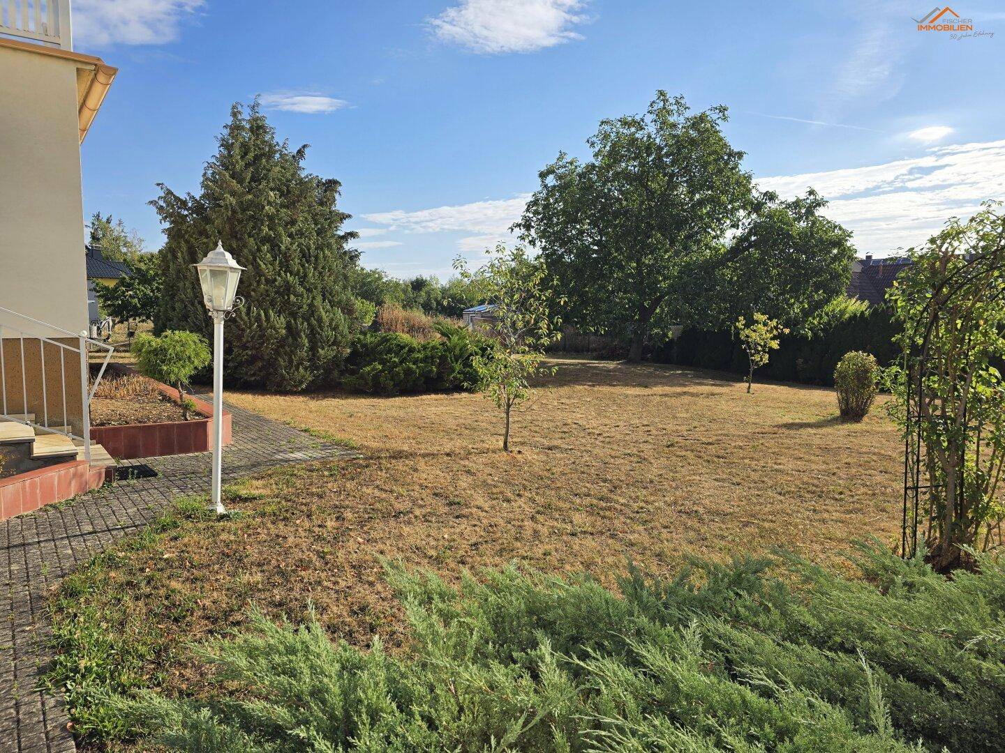 Großer, sonniger Gartenbereich mit Rasenfläche, Bäumen und Sträuchern, ideal zum Entspannen.