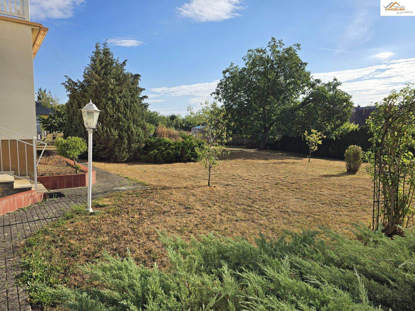 Großer, sonniger Gartenbereich mit Rasenfläche, Bäumen und Sträuchern, ideal zum Entspannen.