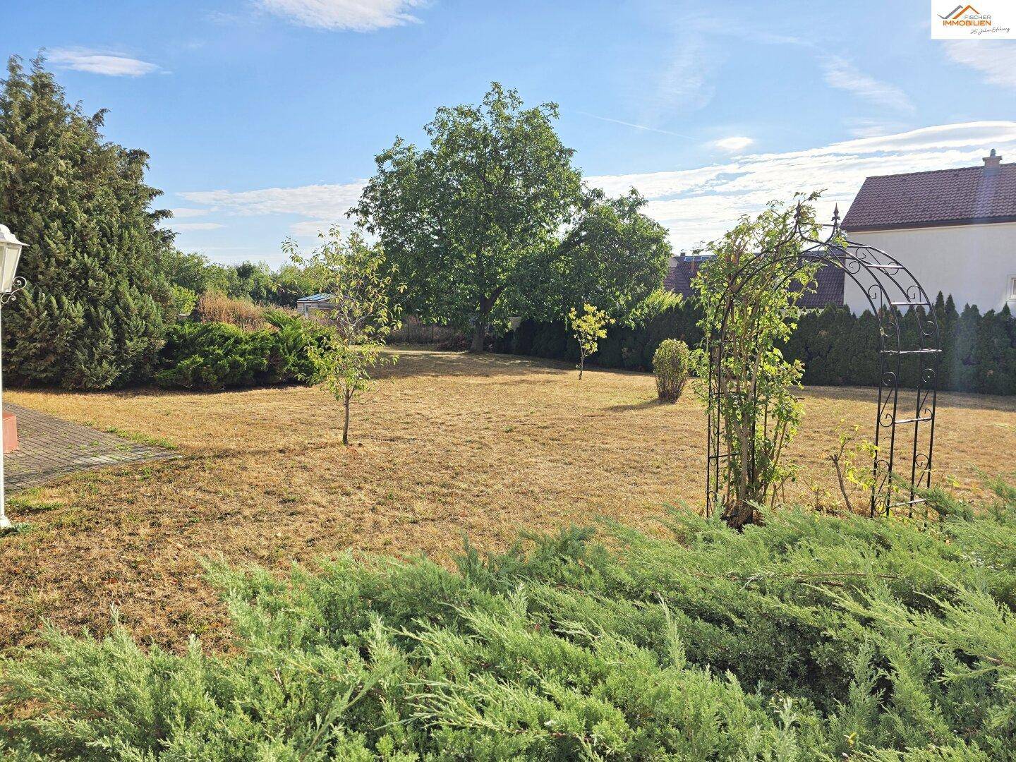 Großer Garten mit Rasenfläche, Bäumen und einem dekorativen Rosenbogen, ideal für Erholung.