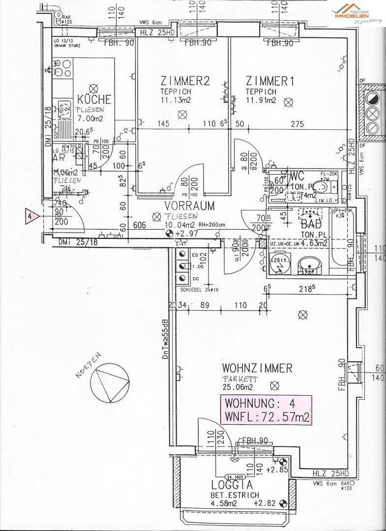 Grundriss der Wohnung mit drei Zimmern, Küche, Bad und Loggia, 72.57m² Wohnfläche.
