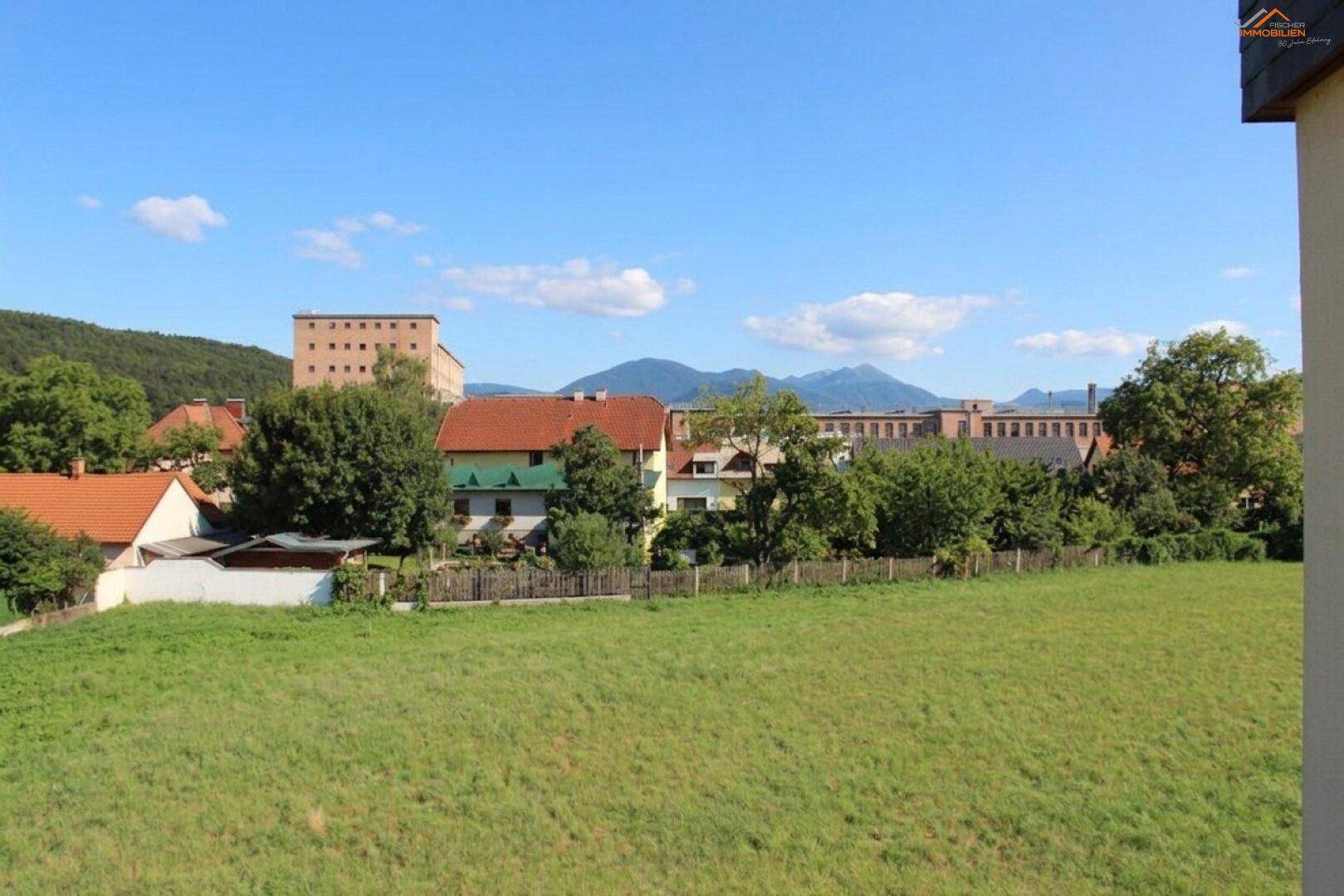 Weitläufiger Blick über grüne Felder, Häuser und eine malerische Berglandschaft in der Ferne.