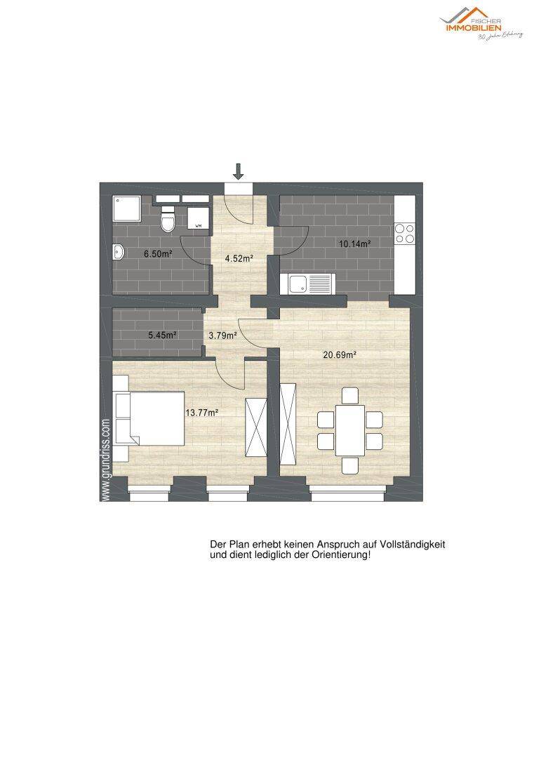 Grundriss einer Wohnung mit Wohn-Essbereich, Schlafzimmer und Badezimmer.