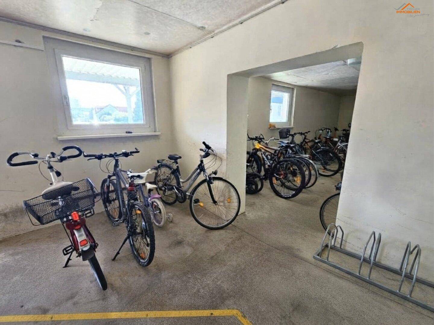 Gemeinschaftlicher Fahrradraum mit mehreren Fahrrädern und Fenstern.