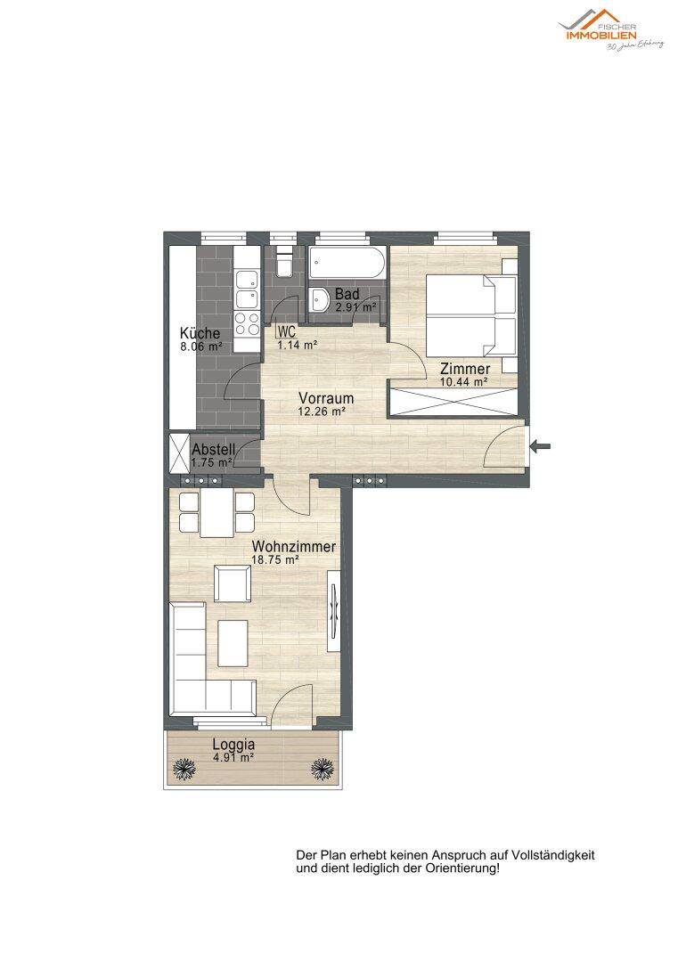 Grundriss einer Wohnung mit Wohnzimmer, Schlafzimmer, Küche, Bad, separatem WC und Loggia.