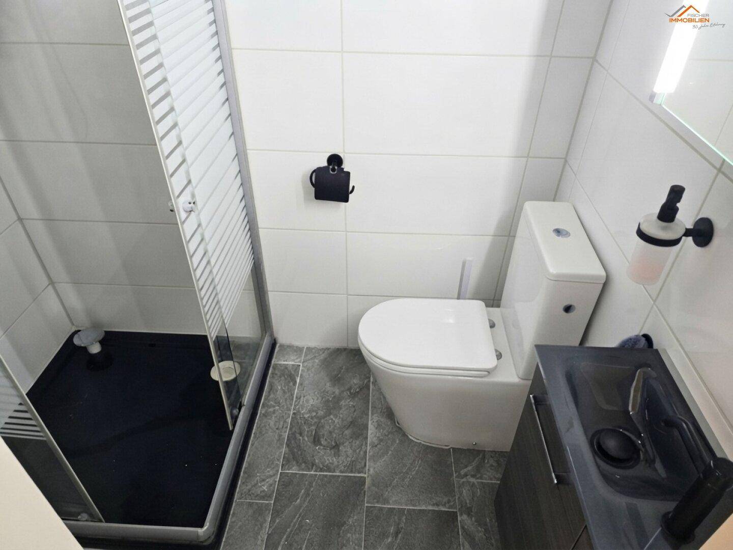 Modernisiertes Badezimmer mit Duschkabine, WC und dunklem Waschbecken.
