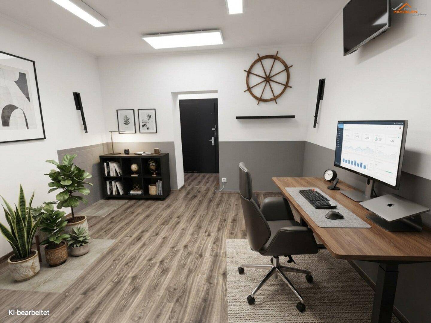 Modern eingerichtetes Büro mit Schreibtisch, Pflanzen und dekorativen Elementen, beleuchtet von Deckenleuchten.