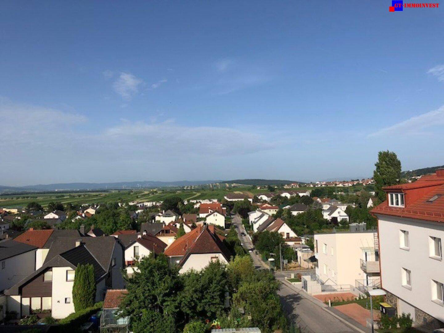 Weitläufiger Blick über eine ländliche Wohnsiedlung mit grünen Feldern und Bergen im Hintergrund.