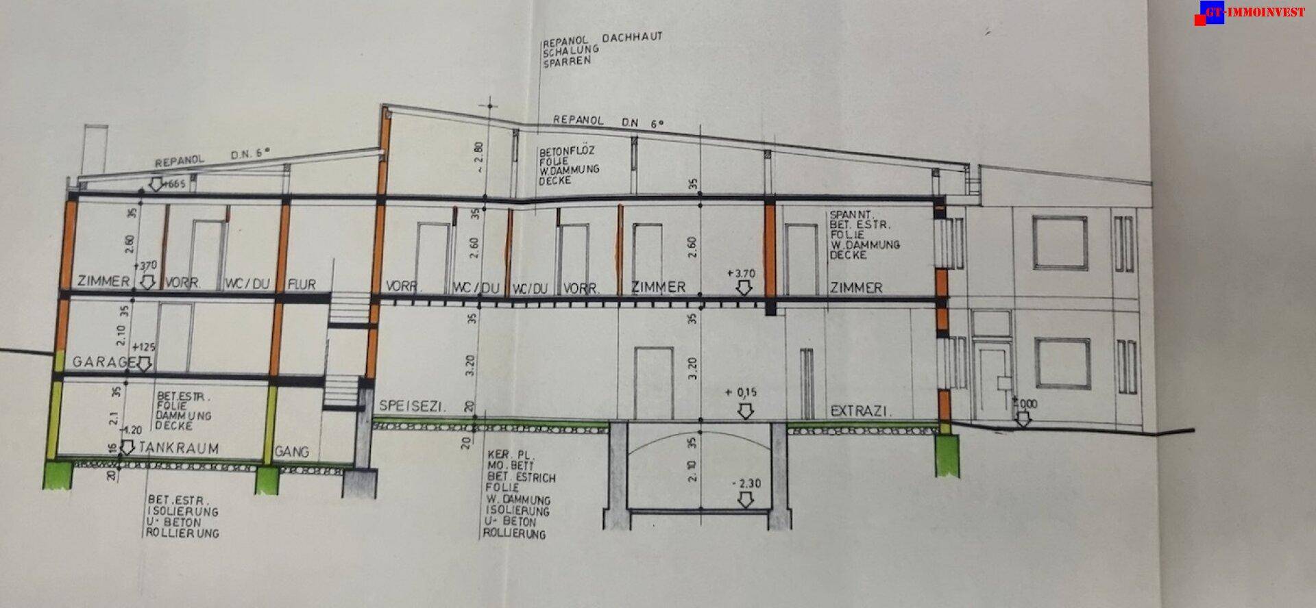 Gebäudeschnittplan zeigt verschiedene Ebenen und Raumhöhen des Objekts.