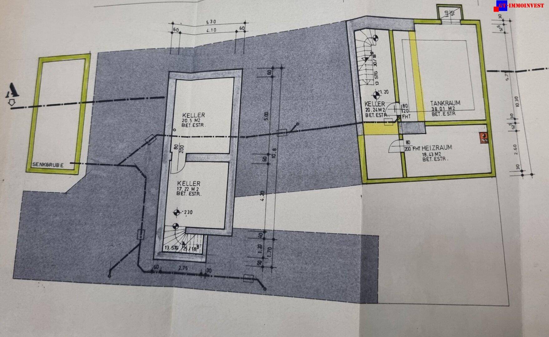 Grundrissplan des Kellergeschosses mit Kellerräumen, Tankraum und Heizraum.