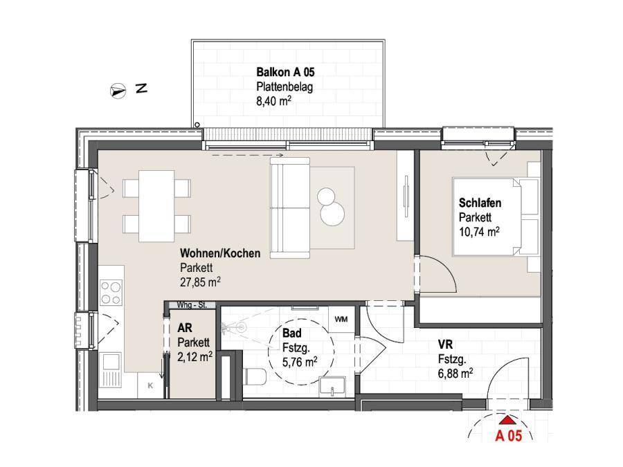 Grundriss einer Wohnung mit offenem Wohn-/Kochbereich, Schlafzimmer und Balkon.