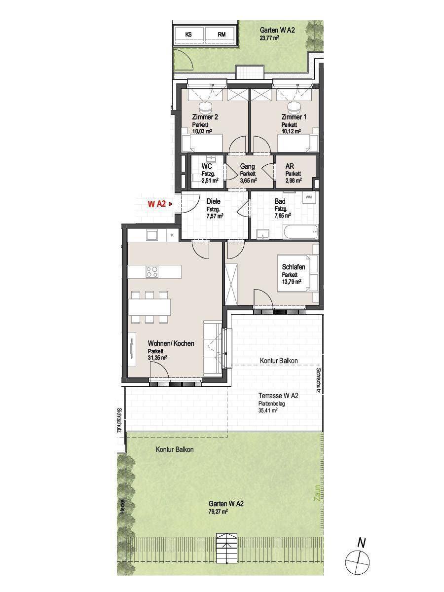 Detaillierter Grundriss einer Wohnung mit Wohn-/Kochbereich, Schlafzimmern und Zugang zu Terrasse und Garten.