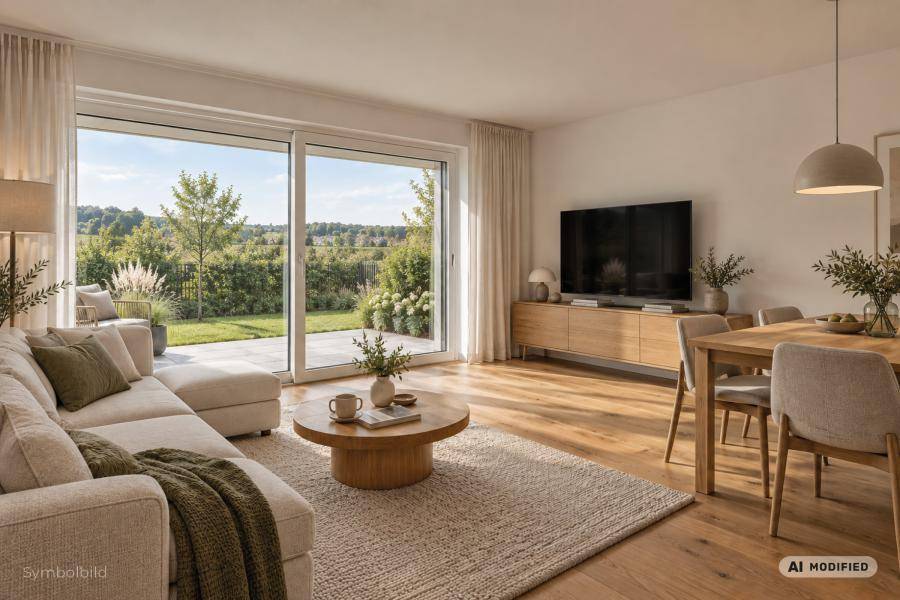 Heller Wohn- und Essbereich mit Holzboden, großen Fenstern und Zugang zur Terrasse.