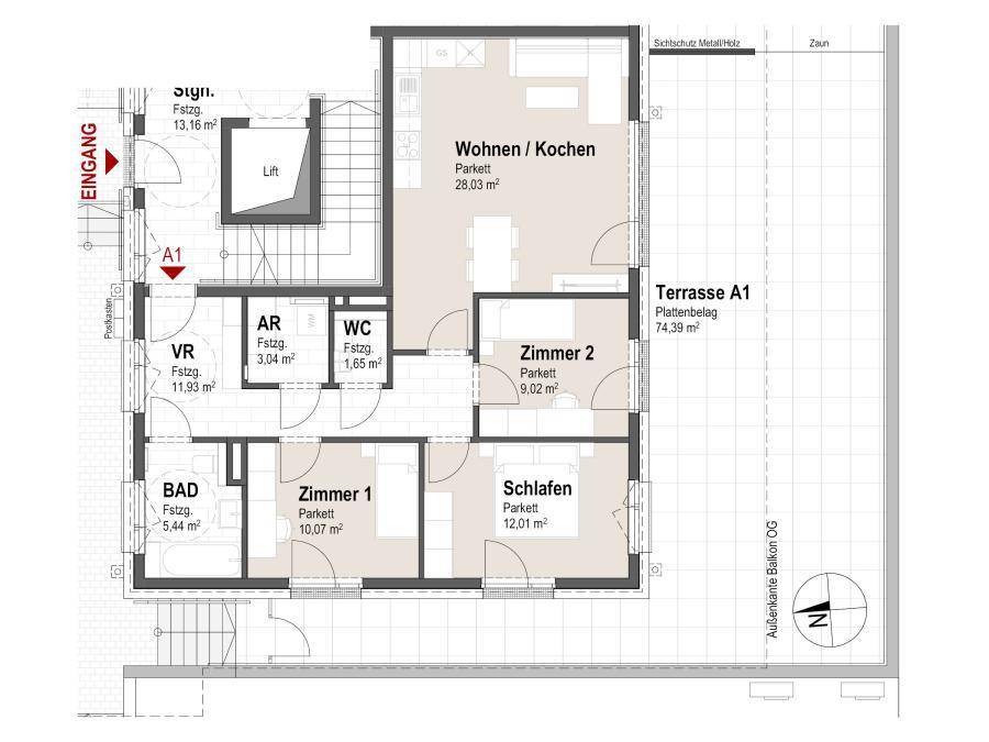 Grundriss einer Wohnung mit drei Zimmern, offener Wohnküche und großer Terrasse.