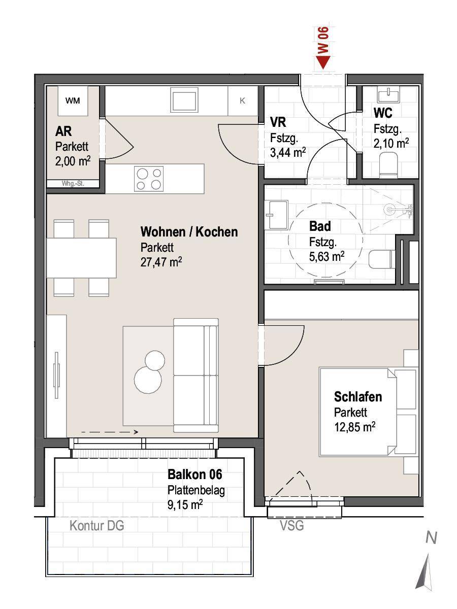 Grundriss einer Wohnung mit offenem Wohn-/Kochbereich, Schlafzimmer, Bad und Balkon.