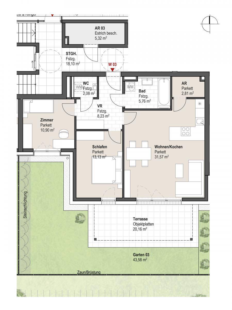 Detaillierter Grundriss der Wohnung mit Terrasse, Garten und offenem Wohnbereich.