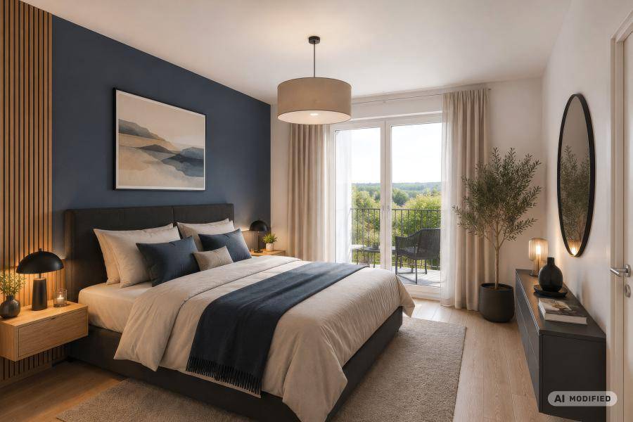 Elegantes Schlafzimmer mit Balkonzugang, Holzboden und einem beruhigenden Blick ins Grüne.
