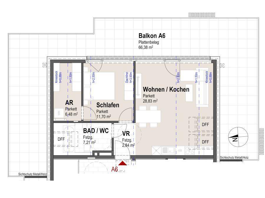 Grundriss einer Wohnung mit offenem Wohn-/Kochbereich, Schlafzimmer und großem Balkon.