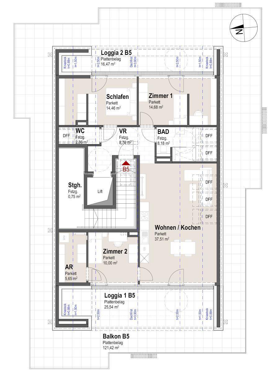 Grundriss einer Wohnung mit offenem Wohn-/Kochbereich, zwei Loggien und einem Balkon.