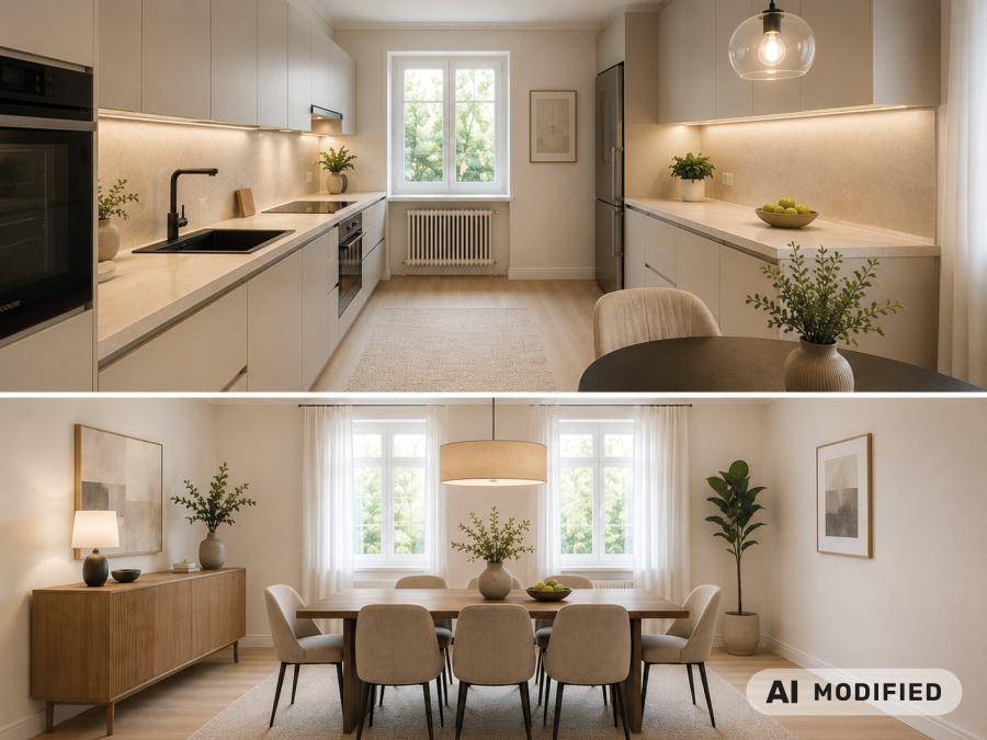 Moderne Küche mit Einbaugeräten und hellem Esszimmer mit großem Holztisch und Stühlen.