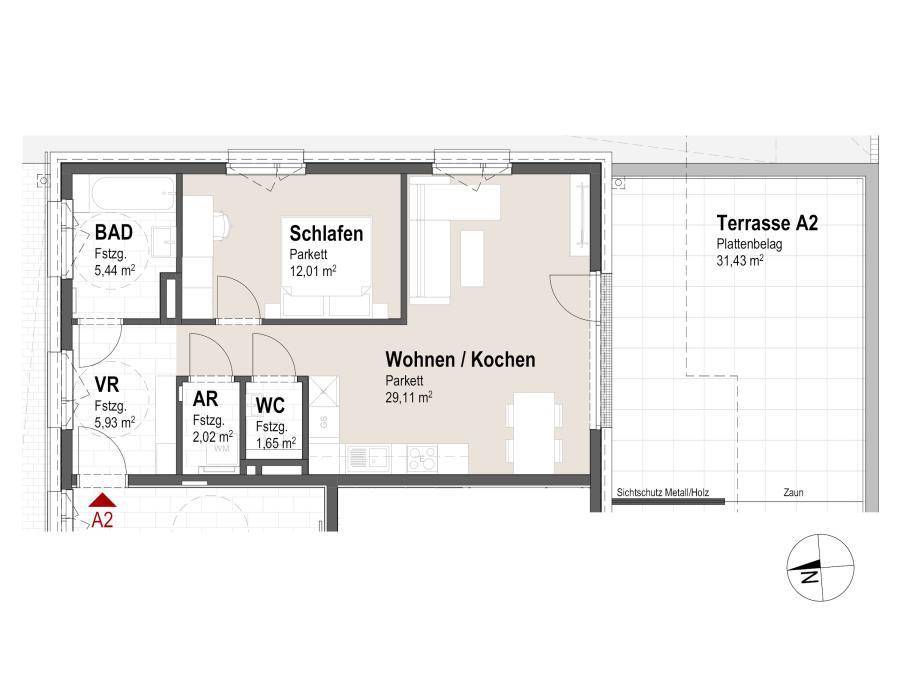 Grundriss einer Wohnung mit zwei Zimmern, offener Wohnküche und großer Terrasse.