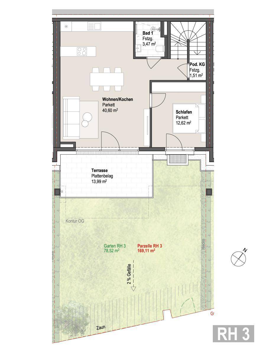 Grundriss des Erdgeschosses mit offenem Wohnbereich, Schlafzimmer, Terrasse und Garten.