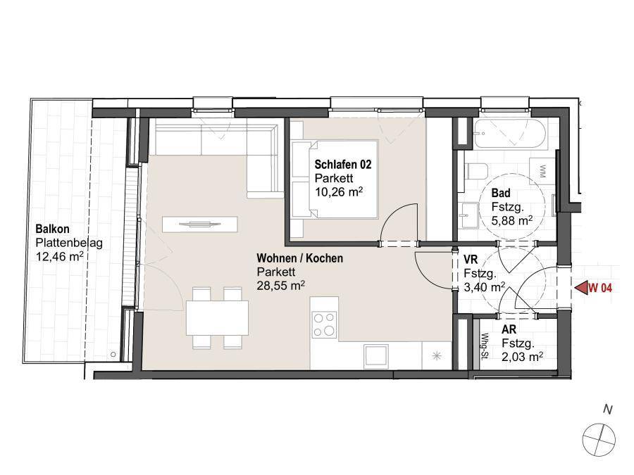 Grundriss einer Wohnung mit offenem Wohn-/Kochbereich, Schlafzimmer und Balkon.