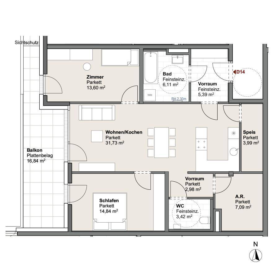Grundriss einer Wohnung mit zwei Schlafzimmern, offenem Wohn-/Kochbereich, Speisekammer und Balkon.