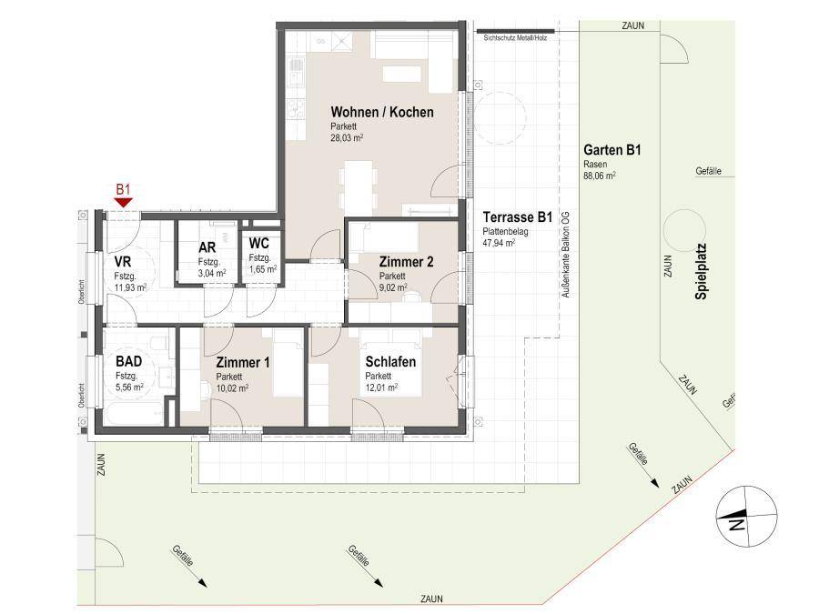 Detaillierter Grundriss einer Wohnung mit Wohn-/Kochbereich, Schlafzimmern und großer Terrasse.