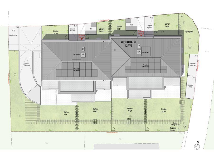 Lageplan des Wohnhauses mit Gärten, Parkplätzen und Photovoltaikanlage auf dem Dach.