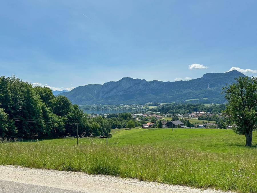 Weitläufige grüne Landschaft mit Blick auf den See und die majestätischen Berge im Hintergrund.