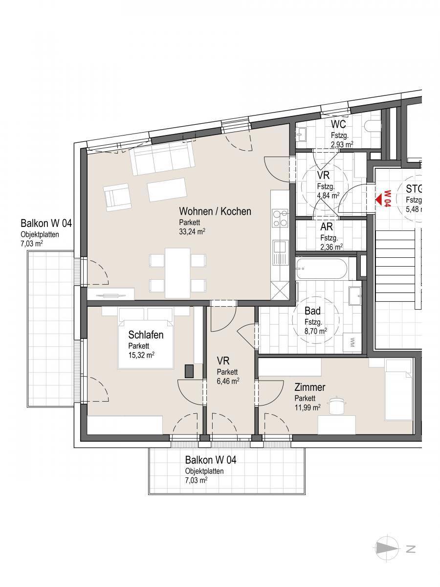 Grundriss einer Wohnung mit offenem Wohn-/Kochbereich, zwei Schlafzimmern und zwei Balkonen.