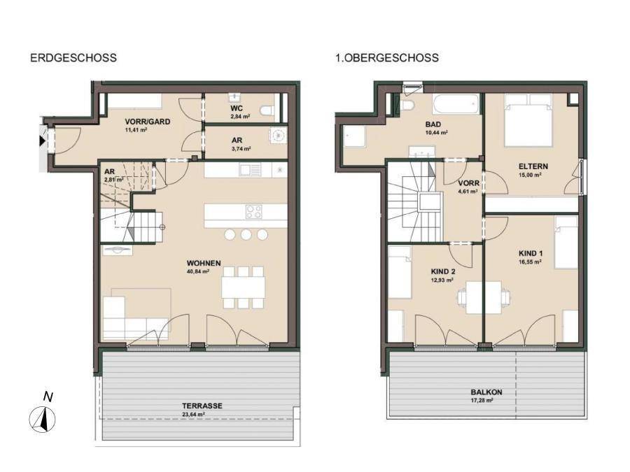 Grundriss des Erdgeschosses und ersten Obergeschosses mit Terrasse und Balkon.
