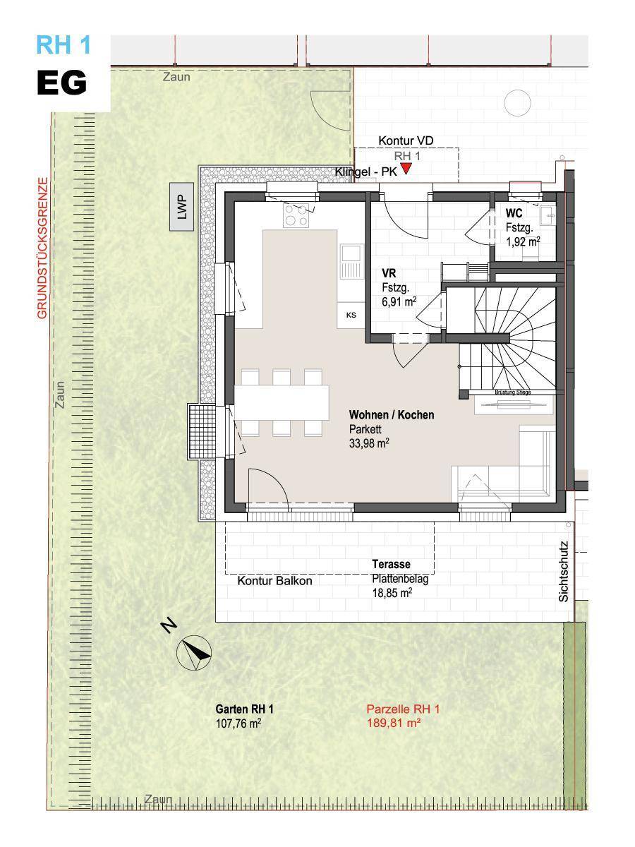 Grundriss des Erdgeschosses mit offenem Wohn-Kochbereich, Terrasse und Garten.