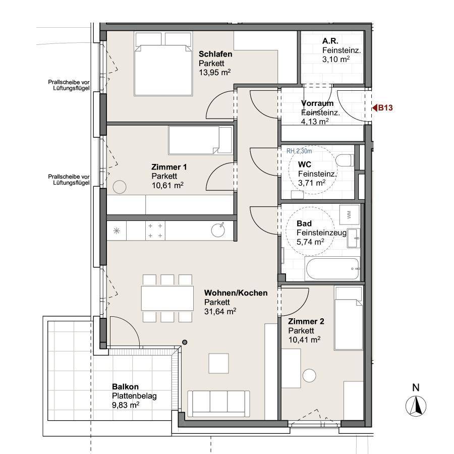 Grundriss einer Wohnung mit drei Zimmern, offenem Wohn-/Kochbereich und einem Balkon.