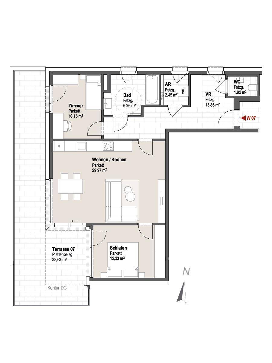 Grundriss einer Wohnung mit zwei Schlafzimmern, offenem Wohnbereich und großer Terrasse.