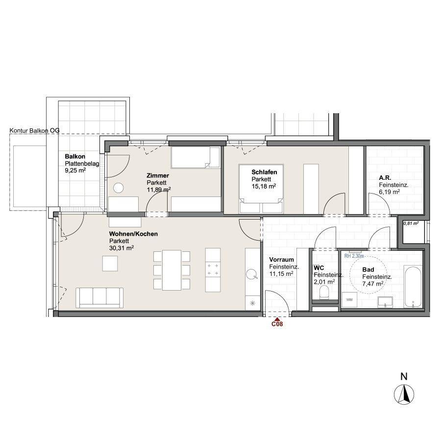 Grundriss einer Wohnung mit zwei Schlafzimmern, offenem Wohn-/Kochbereich und einem Balkon.