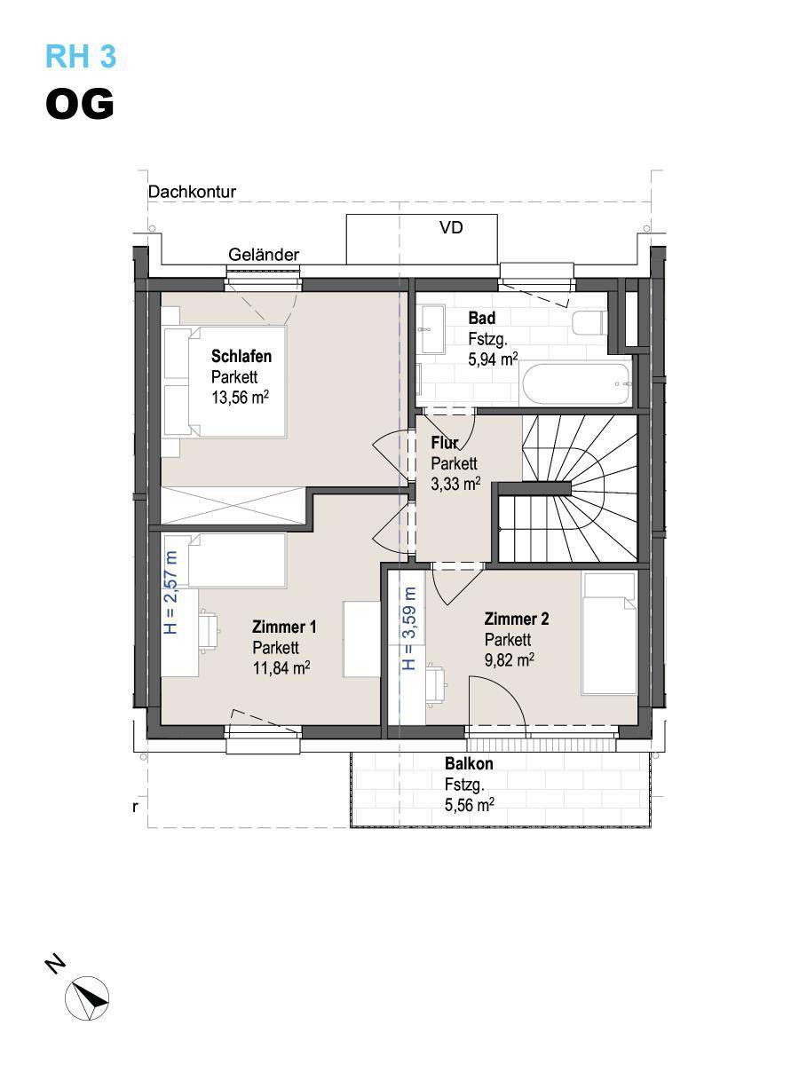 Grundriss des Obergeschosses mit drei Schlafzimmern, Bad und Balkon.