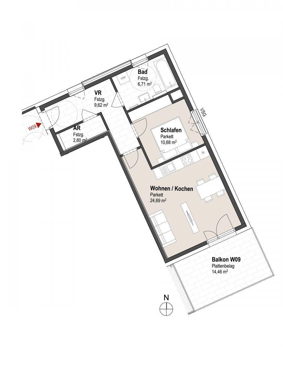 Grundriss einer Wohnung mit offenem Wohn-/Kochbereich, Schlafzimmer, Bad und Balkon.