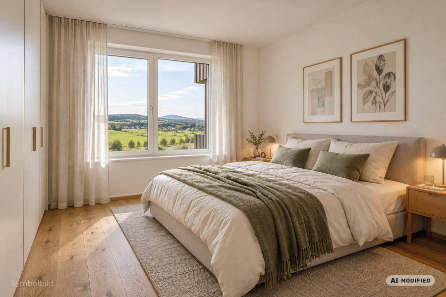 Gemütliches Schlafzimmer mit Holzboden, großem Fenster und weitem Blick ins Grüne.