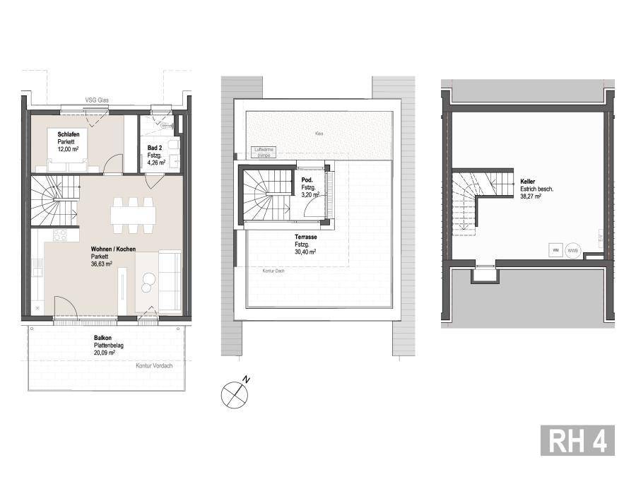 Grundrisse für Wohnen/Kochen, Dachterrasse und Kellergeschoss eines modernen Reihenhauses.