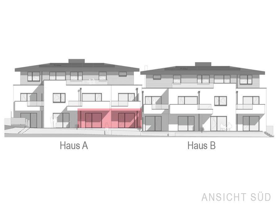Architektonische Ansicht der Südfassade von Haus A und Haus B mit Balkonen und großen Fensterfronten.