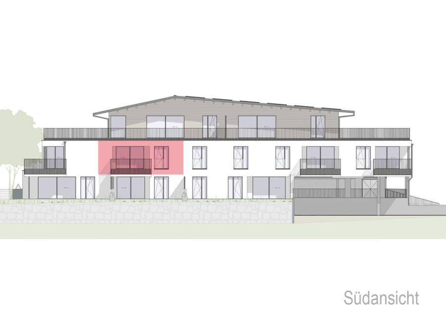 Architektonische Südansicht des Gebäudes mit Balkonen und Dachschräge.