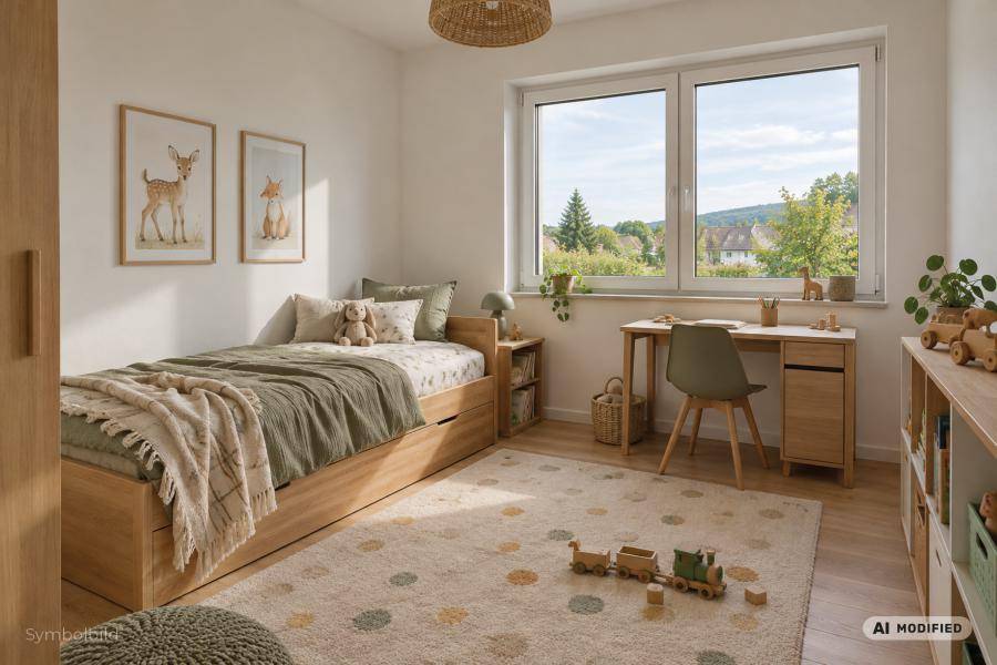 Helles Kinderzimmer mit Holzboden, Schreibtisch und Blick auf die umliegende Landschaft.