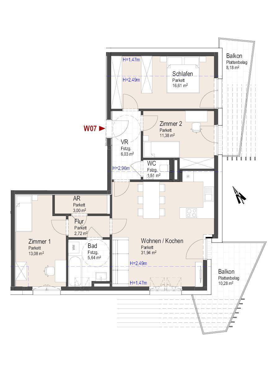 Detaillierter Grundriss einer Wohnung mit drei Zimmern, Bad, separatem WC und zwei Balkonen.