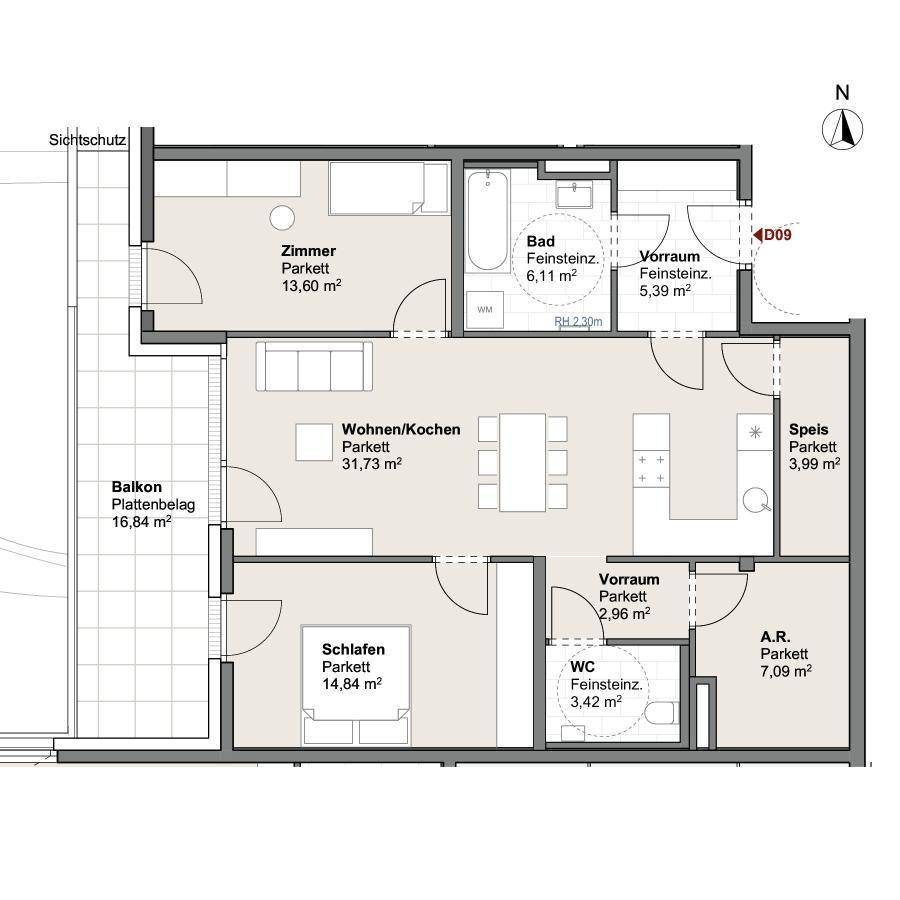 Grundriss einer Wohnung mit zwei Schlafzimmern, offenem Wohn-/Kochbereich, Speisekammer und Balkon.