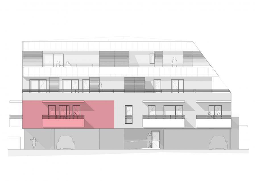 Architektonische Ansicht der Gebäudefassade mit Balkonen und rot markiertem Bereich.