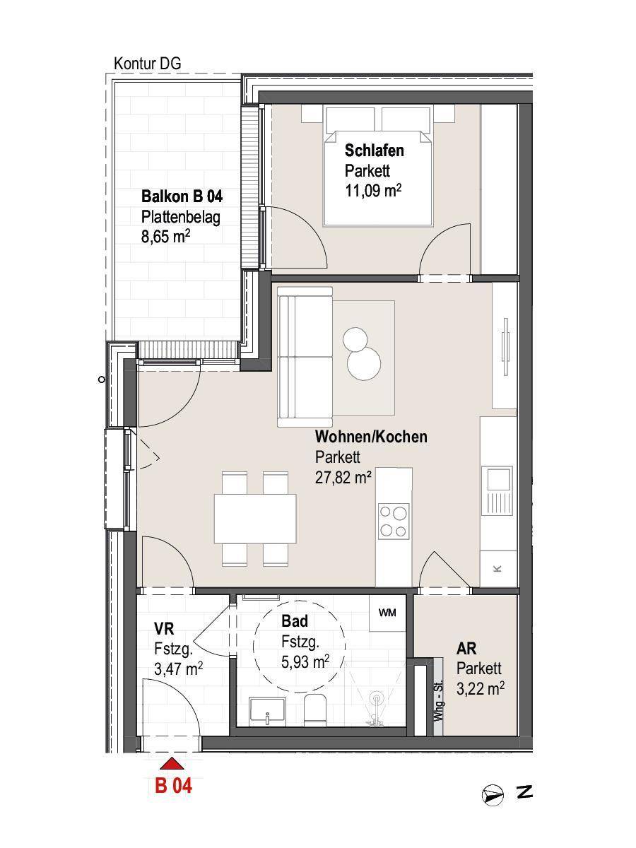 Grundriss einer Wohnung mit Schlafzimmer, offenem Wohn-/Kochbereich und einem Balkon.