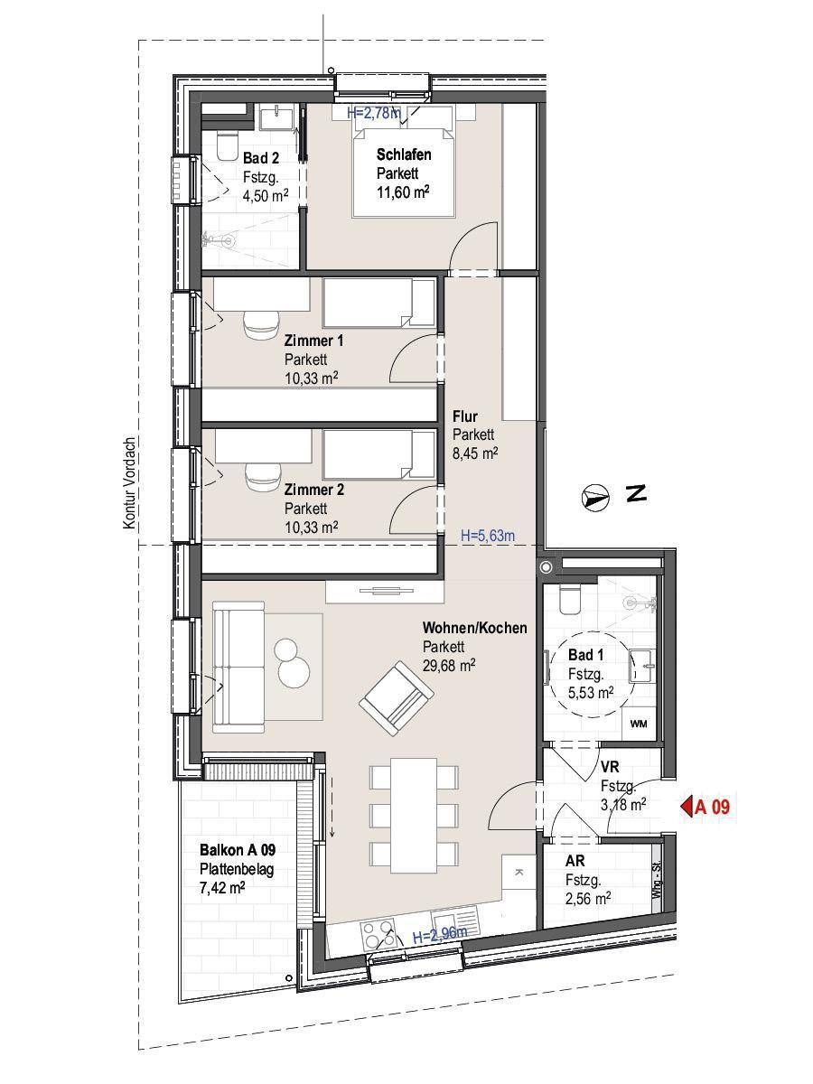 Detaillierter Grundriss einer Wohnung mit drei Zimmern, offener Wohnküche und Balkon.