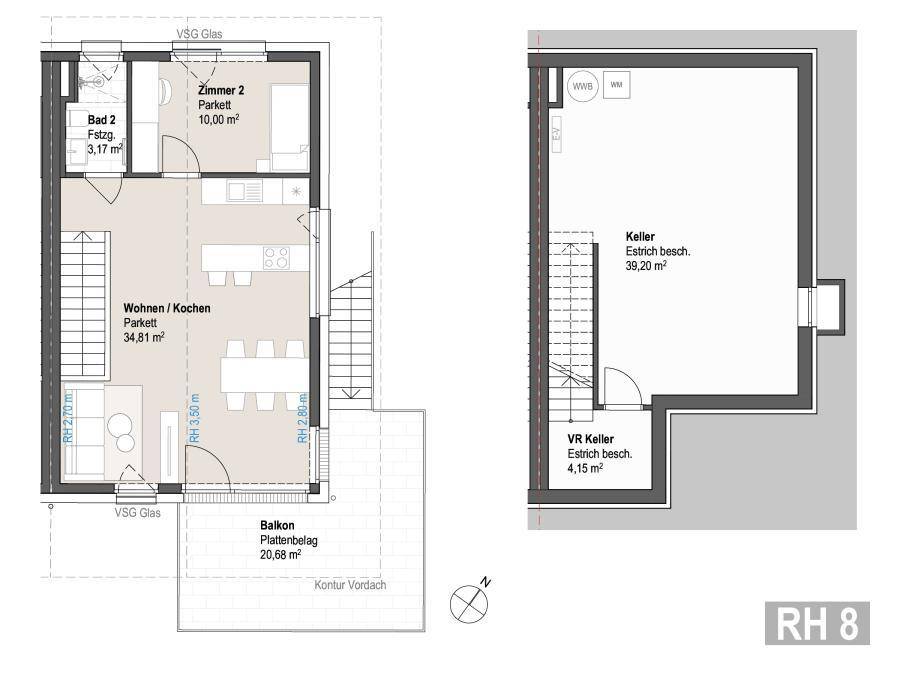 Grundriss des Erdgeschosses mit Wohnküche, Zimmer und Balkon sowie Kellerbereich.